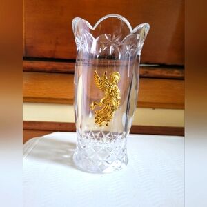 NWOT Telaflora Lead Crystal Candle Vase Sheild Hurricane Gold Angel